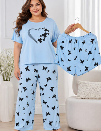 Pijama Talle Especial 3 Piezas Importado Celeste Mariposa