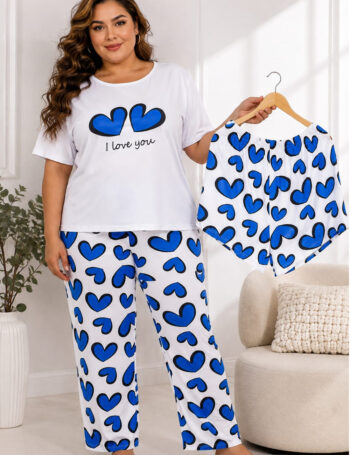 Pijama Talle Especial 3 Piezas Importado Corazón Azul