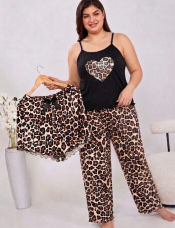 Pijama Talle Especial 3 Piezas Musculosa de Breteles Importado Negro Print