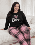 Pijama Manga Larga Talle Especial 2 Piezas Importado Negro y Rosa Cuadros